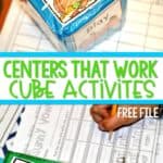 Kindergarten learning activities for math centers and literacy centers. Check out these kindergarten differentiation cube activities! Great for centers or stations! FREE file included