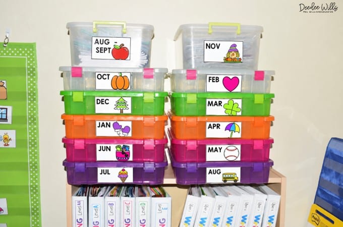 Monthly center plastic pins that have been labeled for each month