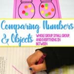 Comparing Numbers in whole group math, small group math, math journals, and math stations. This post will include ideas on how to schedule math instruction throughout the day. FREE planning guide included.