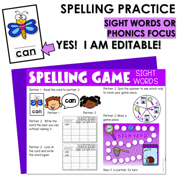 Editable Sight Word Game Spelling, Handwriting, and Letter Formation - Bugs - Image 3
