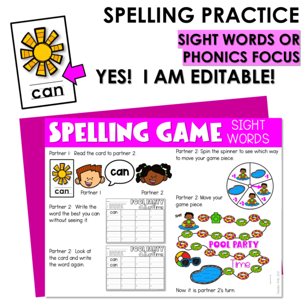 Editable Sight Word Game Spelling, Handwriting, and Letter Formation Pool Party - Image 3