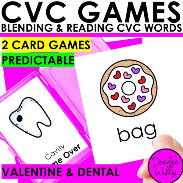 Valentines Day & Dental Health CVC Word Game Blending CVC Word Cards Practice