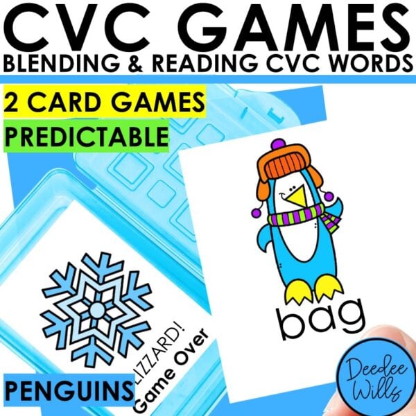Winter CVC Word Practice Games: Blending CVC Word Cards Penguin Kindergarten