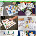 Engaging math games for kindergarten and first grade that give students the opportunity to practice basic number skills including numeral recognition, number bonds, addition and subtraction, ten frames, shapes, and more. #mathgames #mathfluency #mathcenters