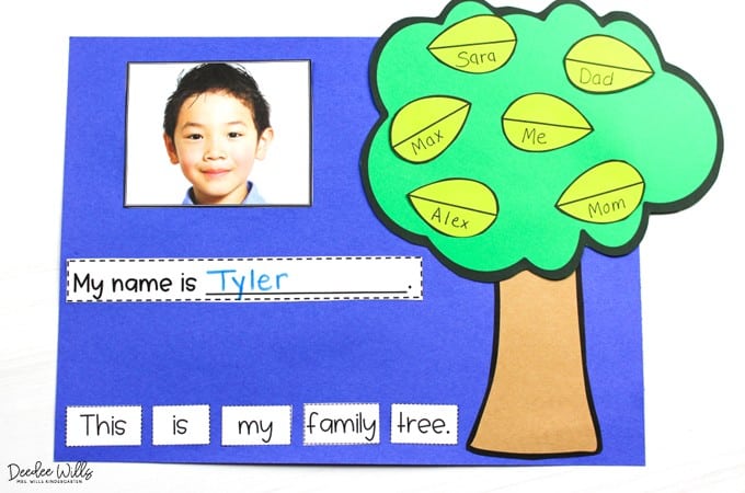family tree craft with family member names on the tree and a writing stem