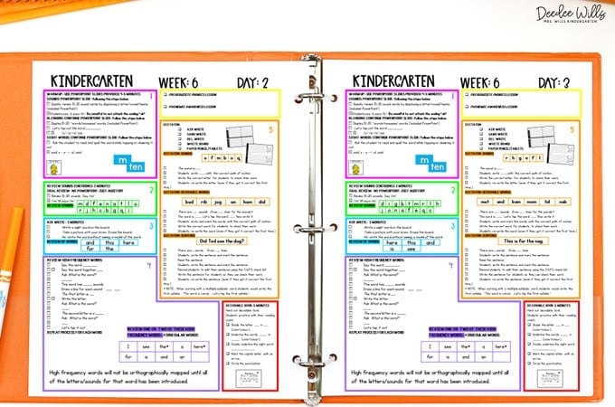 Kindergarten reading lesson plans in a bright binder