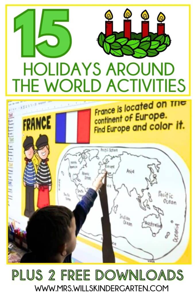Discover fun Holidays Around the World activities for kindergarten and first grade, including crafts, centers, teaching slides, and two free holiday resources.