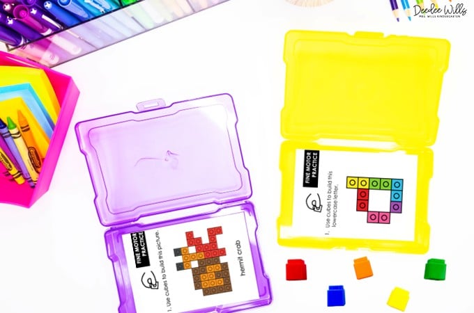 snap cubes for fine motor skill practice. Kindergarten students make letters or pictures like animals.