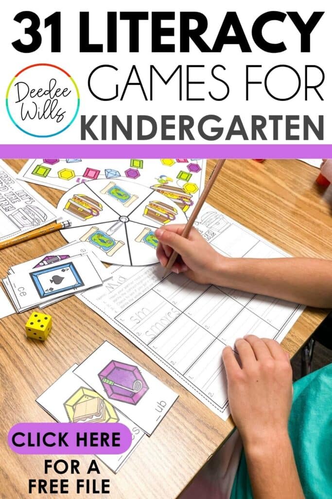 Get 31 kindergarten literacy games for phonics, phonemic awareness, and letter recognition. Free printable included. Science of Reading aligned.