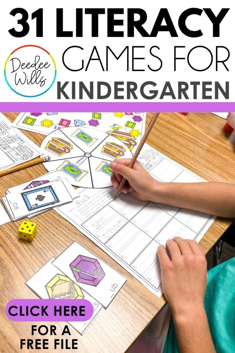 Get 31 kindergarten literacy games for phonics, phonemic awareness, and letter recognition. Free printable included. Science of Reading aligned.