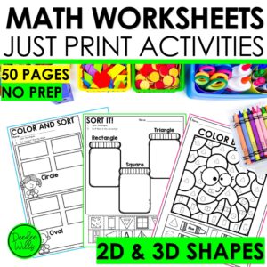 2D & 3D Shapes Math Worksheets Kindergarten No Prep Activities Practice
