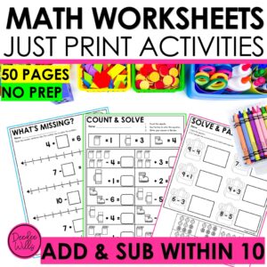 Addition Subtraction 10 Math Worksheets Kindergarten No Prep Activities Practice
