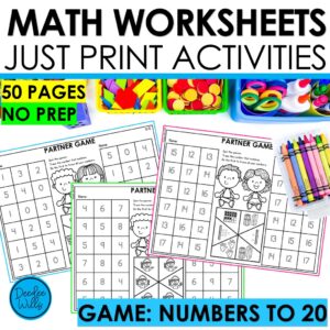 Counting Numbers to 20 Math Worksheets Kindergarten No Prep Partner Games