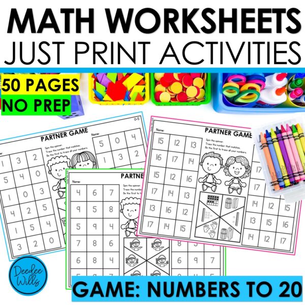 Counting Numbers to 20 Math Worksheets Kindergarten No Prep Partner Games