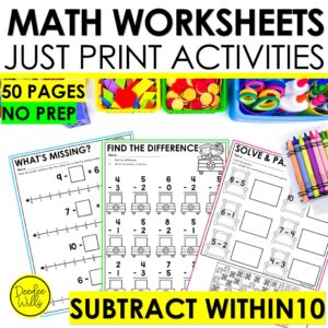 Subtraction within 10 Math Worksheets Kindergarten No Prep Activities Practice