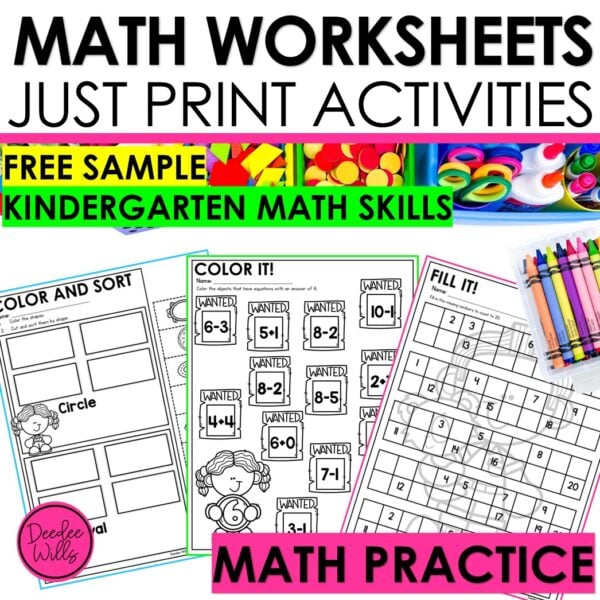 35 FREE Kindergarten Math Worksheets & Game Sample No Prep Activities Practice