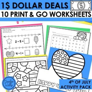 4th of July Math Worksheet Activities with Hat, Word Search, & Coloring Sheets