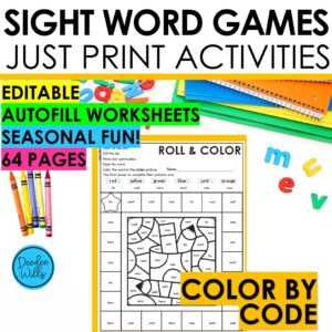 Editable Sight Word Color by Code Roll & Color Game Activities Worksheets Fun