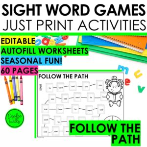Editable Sight Word Game Follow the Path Worksheets High Frequency Word Practice