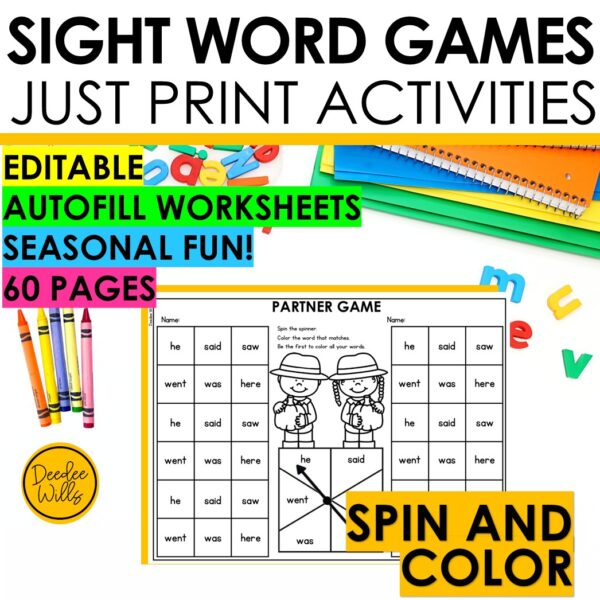 Editable Spin and Color Games – 60 Sight Word & Phonics Activities Kindergarten