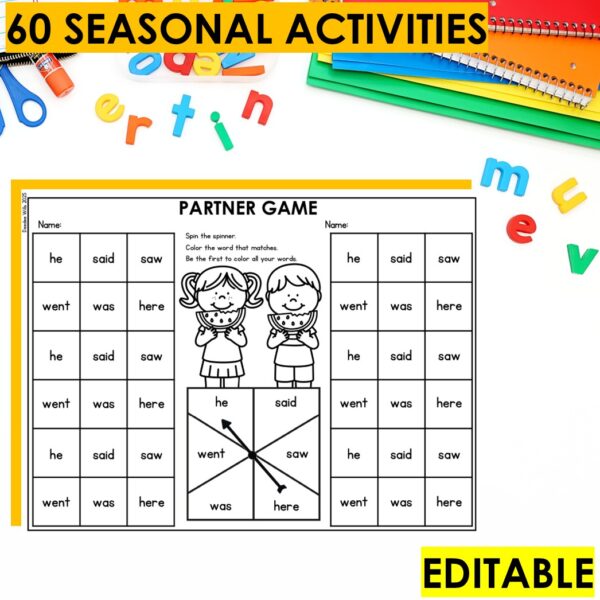 Editable Spin and Color Games – 60 Sight Word & Phonics Activities Kindergarten - Image 4
