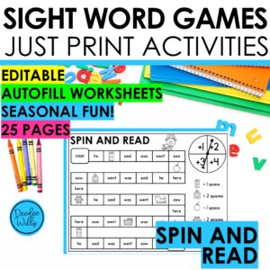 Editable Spin and Read Games – 25 Sight Word & Phonics Activities Kindergarten