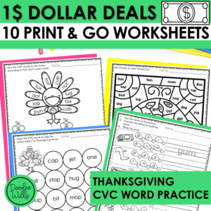 Thanksgiving CVC Worksheets for Kindergarten and First Grade Dollar Deal
