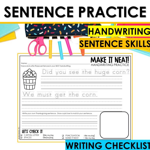 Thanksgiving Handwriting Practice Sentence Writing & Tracing Phonics Worksheets - Image 3