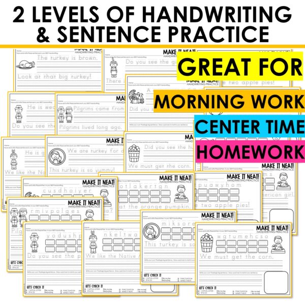 Thanksgiving Handwriting Practice Sentence Writing & Tracing Phonics Worksheets - Image 4