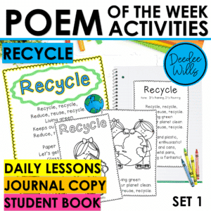 Earth Day Recycle Poem Kindergarten & 1st Grade w Fluency Lessons & Activities Earth Day Recycle Poem Kindergarten & 1st Grade w Fluency Lessons & Activities Earth Day Recycle Poem Kindergarten & 1st Grade w Fluency Lessons & Activities Earth Day Recycle Poem Kindergarten & 1st Grade w Fluency Lessons & Activities Share Description Engage your students with the power of poetry! This Earth Day Poem is complete with a 5-day reading fluency lesson plan, poetry activities for centers, an emergent reader, and a student poem for kindergarten and first grade learners to compile their very own poetry book. ⭐⭐⭐HUGE SAVINGS⭐⭐⭐ SAVE OVER 60% ON THE BUNDLE FOR A LIMITED TIME! Poem of the Week Poetry Unit Activities Emergent Reader: Winter Spring Fall Poem Recycle is a great poem for Earth Day. Students will learn about reducing, reuse, and recycling! WHAT DO YOU GET WITH THIS RESOURCE? Fluency Lesson Plan This poetry resource provides you with a 5-day fluency lesson plan for the recycle poem. This takes the stress out of planning and gives you a clear roadmap on how to use these poems in your classroom. Colored poem to share on a document camera Pocket chart format – Cut apart sentence strips to be used in a pocket chart to share during your whole group Emergent reader for the Earth Day recycle poem Black ink only student copy of the poem to be added to a poetry notebook that students can take home to share with their families “I Can” statement chart to be placed at a poetry station for independent center work Two printable hands-on center activities to practice words with short/long e and also sentence correction. Digital Poem and Poetry Activities The poem and center activities are available as a 1 click Seesaw link and Google Slides-friendly PowerPoint. PHONICS AND WORD WORK CENTER ACTIVITIES: short/long vowels e sentence correction WHY POETRY AND SONG? Brain research shows that multiple areas in the brain are activated when students see print, hear music, and move. This leads to more engaged learning and JOY!!! Once the weekly poem has been used, add the poem to your poetry center. Your kindergarten and first-grade students will love visiting them again and again! ♫ Music and Video Files I am thrilled to tell you that we have recorded MP3 and MP4 music files to go along with these poems. These music files are wonderful for your students to sing-a-long with. They are available with this additional purchase: Spring Poems with Music and Poetry Videos QR Codes for Earth Day, Plants & Bees ✎Interactive Notebooks If your class uses interactive notebooks, this interactive journal resource is also available: Poetry Interactive Notebooks LISTEN TO WHAT OTHER TEACHERS ARE SAYING: ⭐⭐⭐⭐⭐ Nicole says, "I love how this resource covers so many phonemic awareness and phonics skills with the use of engaging poems. My students enjoy reading the poem every week and they can definitely build on those foundational skills with the included activities. " ⭐⭐⭐⭐⭐Slager's Time Savers says, "I'm loving these poems, and they've went with our weekly themes. We insert the poem into our poetry books and highlight letters/words. They've also done better with the cut & paste sheets than I anticipated." ⭐⭐⭐⭐⭐ How I Met Your Teacher says, " I always loved these poetry sets. What I love more is that they have been adapted to support my students in distance and hybrid learning through Seesaw!! They have made my teacher life much easier!" ⭐⭐⭐⭐⭐ Ashley G. says, "When I taught second grade shared reading was my favorite time of day. Since moving to kindergarten I have struggled with shared reading. I love this resource--it keeps students engaged and active during shared reading. Thank you for adding the SeeSaw component--it will be perfect for my students who are hybrid this year." Report this resource to TPT Reported resources will be reviewed by our team. Report this resource to let us know if this resource violates TPT's content guidelines. Earth Day Recycle Poem Kindergarten & 1st Grade w Fluency Lessons & Activities