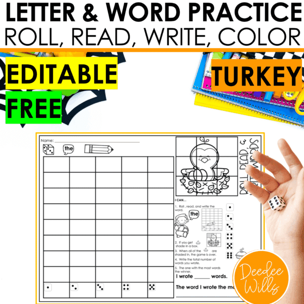 FREE Roll & Write Turkey Worksheets Editable Sight Word & Alphabet