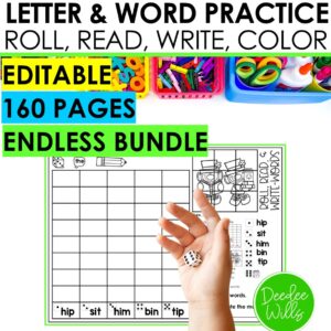 Roll and Write Editable Sight Word Worksheets Alphabet Letters Practice Bundle