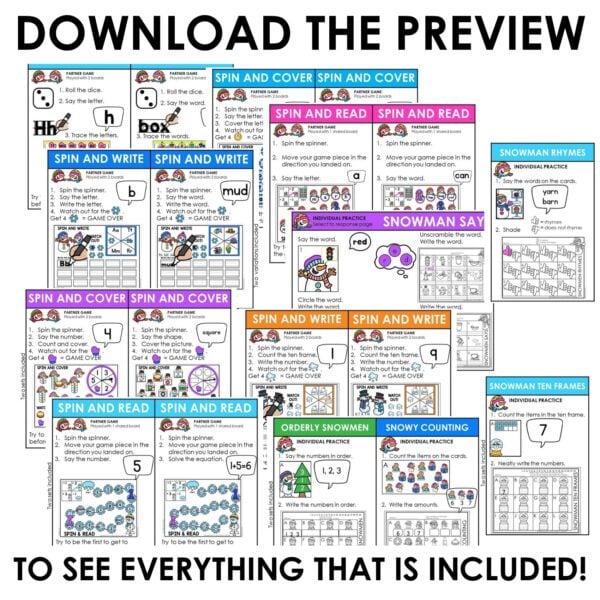 Snowman ELA Phonics Literacy & Math Games Centers Theme Activities Kindergarten - Image 4