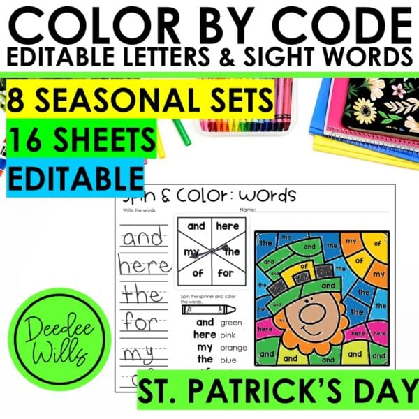 St Patricks Day Coloring Sheets Color by Code Editable Sight Word & Letters Page