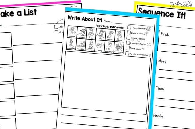 Kindergarten writing worksheets for making lists, writing about a topic, and sequencing events, shown with colorful borders.
