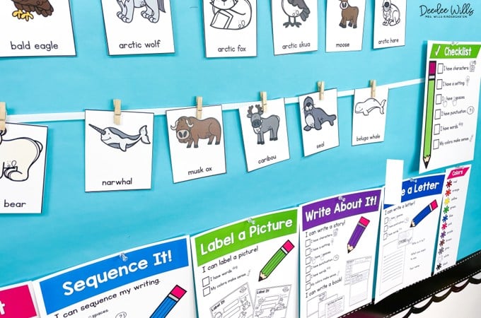 Animal picture cards clipped on a string above kindergarten writing posters, showing labeled Arctic animals on a blue bulletin board.