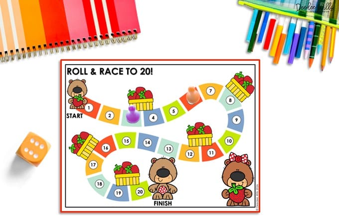 Roll and race to 20 dice game for kindergarten